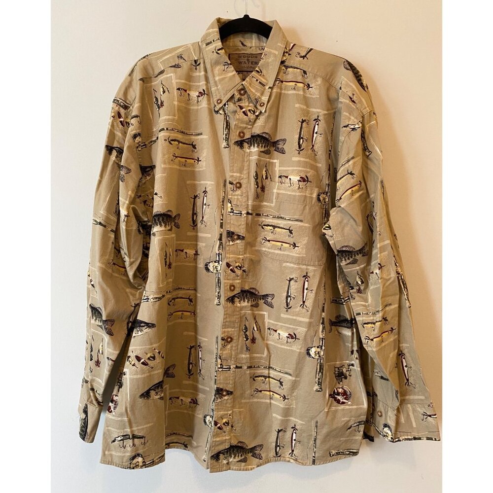 Woods & Water Mens Fishing Themed Button-Up Shirt XL 100% Cotton